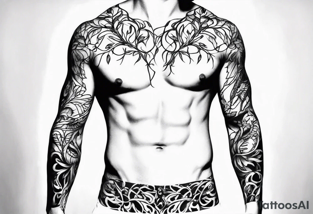 vines coming from skin and wrapping around body. front torso (chest, abs) male tattoo idea