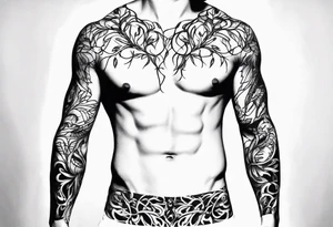 vines coming from skin and wrapping around body. front torso (chest, abs) male tattoo idea