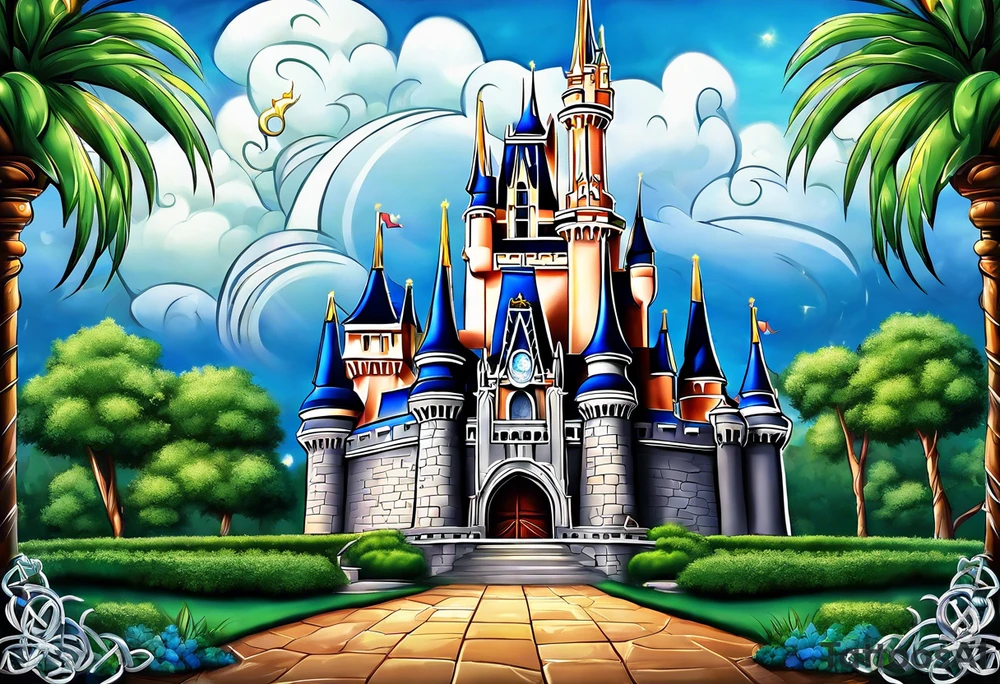 disney castle with a lightning storm palm trees and a mickey mouse and celtic symbol for family tattoo idea