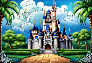 disney castle with a lightning storm palm trees and a mickey mouse and celtic symbol for family tattoo idea