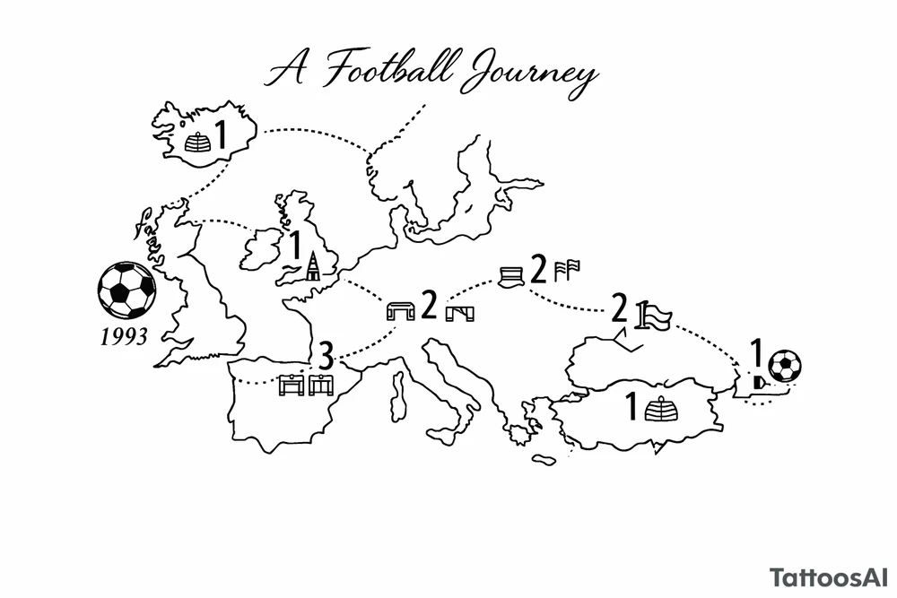 A football journey no crests stars each country on how many times ive played there
A fine-line world map or stylized route connecting Iceland ➔ Italy ➔ Spain ➔ Turkey ➔ Hungary ➔ France, with minimalist markers for each club.
Starting in uk 1993 realist tattoo idea