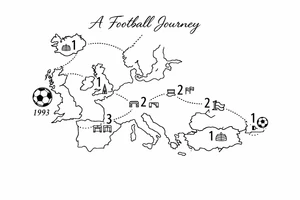 A football journey no crests stars each country on how many times ive played there
A fine-line world map or stylized route connecting Iceland ➔ Italy ➔ Spain ➔ Turkey ➔ Hungary ➔ France, with minimalist markers for each club.
Starting in uk 1993 realist tattoo idea