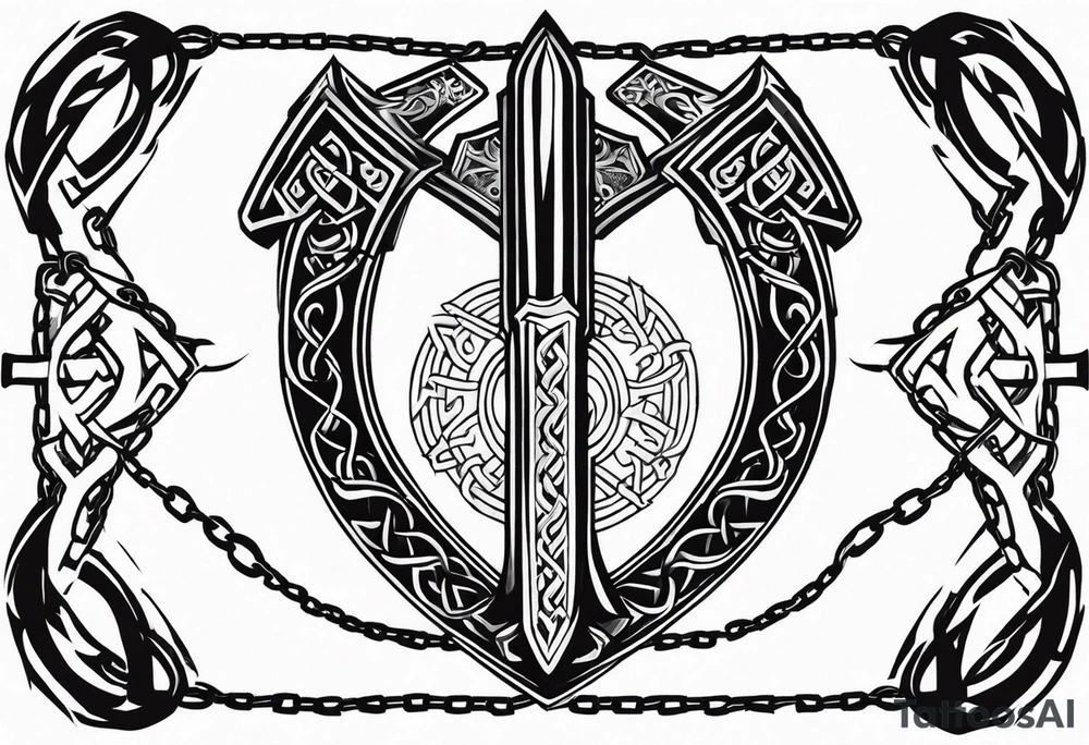 Valhalla sword shield dragon axe Valknut barbed wire chains tribal tattoo idea Valhalla sword shield dragon axe Valknut barbed wire chains tribal tattoo idea