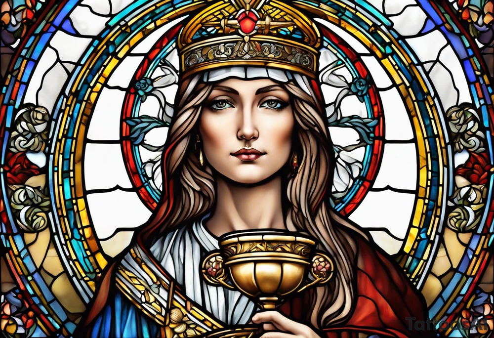 holy saint woman with halo stained glass holding a chalice with artillery tattoo idea