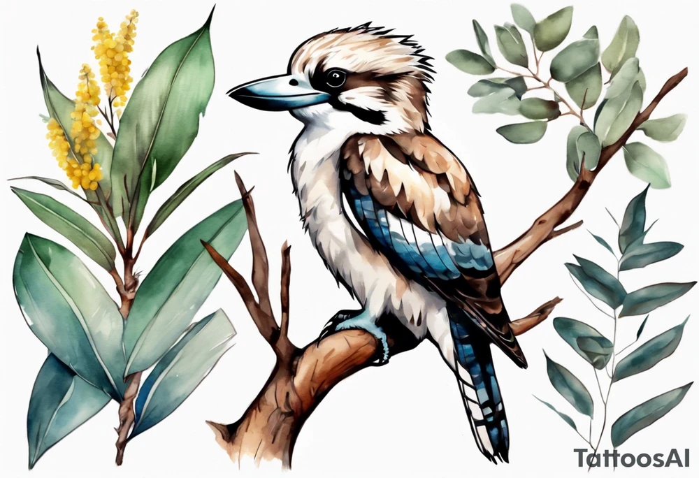 A kookaburra sitting on tree with a koala below surrounded by wattle and eucalyptus leaves tattoo idea