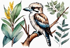 A kookaburra sitting on tree with a koala below surrounded by wattle and eucalyptus leaves tattoo idea
