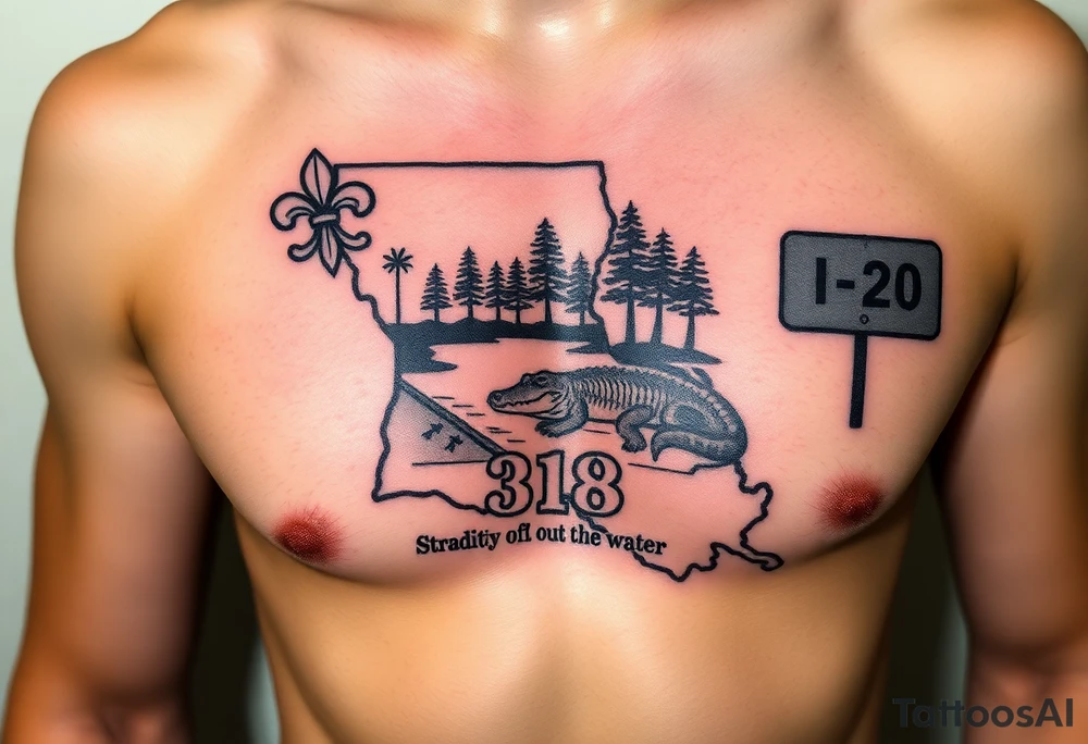 Louisiana state outline with fleur-de-lis, a bayou with a gator and trees , the 318 area code and and quote that says  Out the dirt, out the water, straight from 318 , a sign that says I- 20 tattoo idea