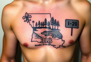 Louisiana state outline with fleur-de-lis, a bayou with a gator and trees , the 318 area code and and quote that says  Out the dirt, out the water, straight from 318 , a sign that says I- 20 tattoo idea