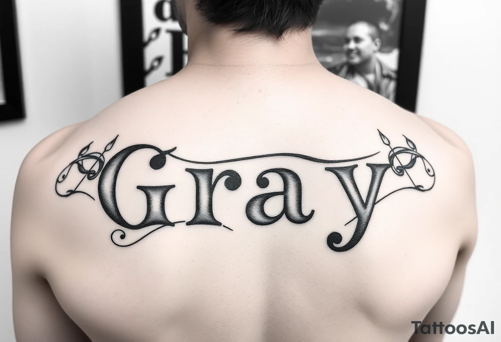 Tattoo design with the concept of our last name "Gray" with all pur first names incorporated. Bradley, Ashleigh, Penelope, Lennon. tattoo idea