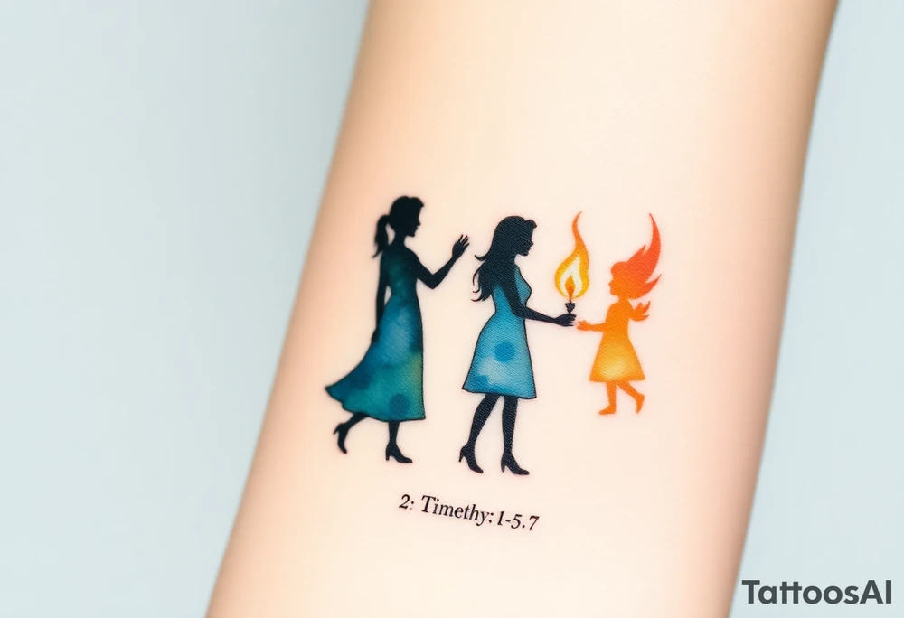 Silhouette of grandmother, mother and daughter passing a flame from oldest to youngest with the flame growing as it goes. Make the flame in watercolor motif and the silhouettes simple. Incorporate the words power, love and sound mind. Or 2 Timothy: 5-7 tattoo idea