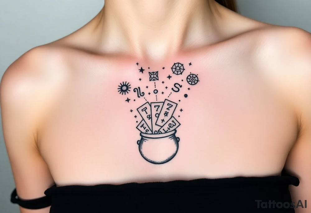 Milky way galaxy filled with zodiac symbols runes tarot cards coming out of a cauldron tattoo idea