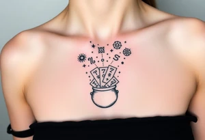 Milky way galaxy filled with zodiac symbols runes tarot cards coming out of a cauldron tattoo idea
