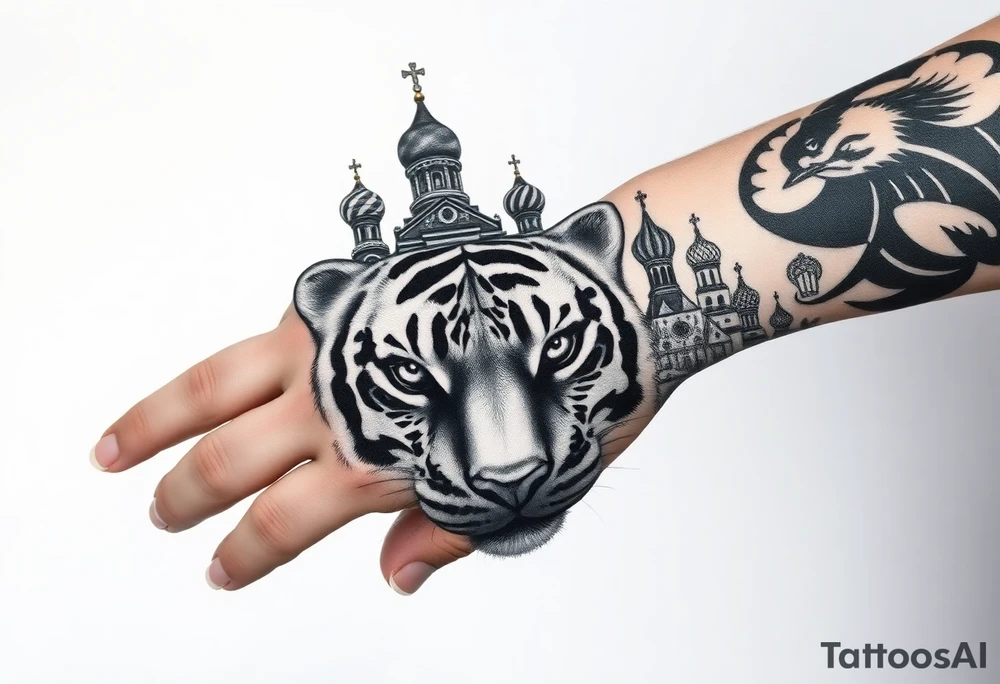Realistic tiger face on the back of the hand with strong contrast and fine detail with hollow black eyes. with a highly detailed Russian Orthodox cathedral sitting above on fore arm with onion domes and orthodox crosses, done in fine line, engraving-like style. Cohesive composition, black ink only, no color, high contrast, slightly aged, documentary-style, plain light background. with clouds above and a virgin mary 
spanning from my hand to lower fore arm tattoo idea