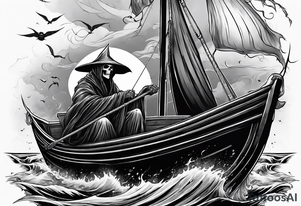 Grim reaper riding a small boat with souls underneath the boat tattoo idea