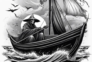 Grim reaper riding a small boat with souls underneath the boat tattoo idea