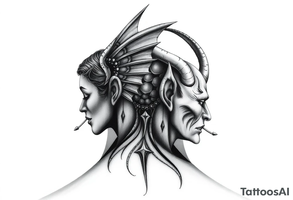 position behind the neck Angel (on the right) whispering in the right ear, demon (on the left) whispering in the left ear. It must be as realistic as possible. tattoo idea
