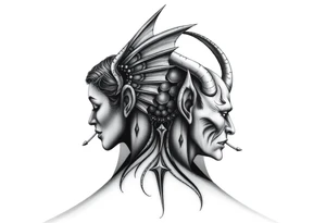 position behind the neck Angel (on the right) whispering in the right ear, demon (on the left) whispering in the left ear. It must be as realistic as possible. tattoo idea