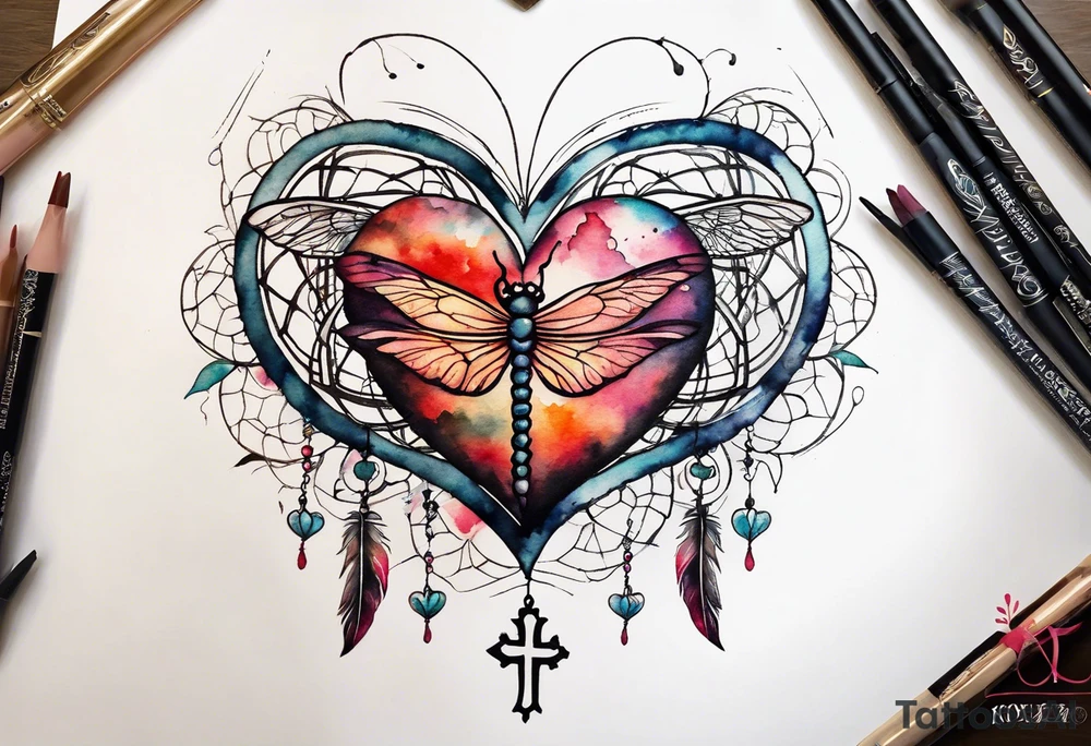 Watercolor tattoo of heart with cross going through the heart. Dragonfly flying on side with dreamcatcher tattoo idea