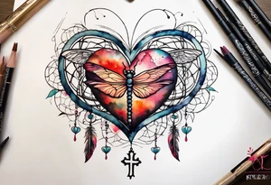 Watercolor tattoo of heart with cross going through the heart. Dragonfly flying on side with dreamcatcher tattoo idea