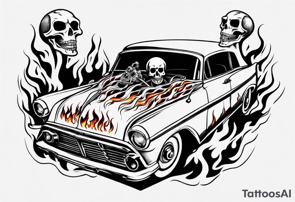 vintage classic car with flames coming out of the bonnet and a skeleton head coming from the top of the flames tattoo idea