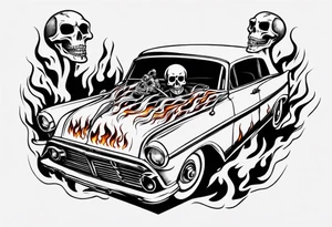 vintage classic car with flames coming out of the bonnet and a skeleton head coming from the top of the flames tattoo idea