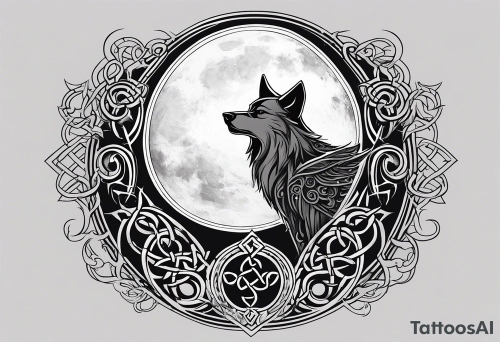 A tattoo with the celtic symbol triskelion, a wolf and a raven set on the backdrops of a dark night moon, cloud and small ravens flying around tattoo idea