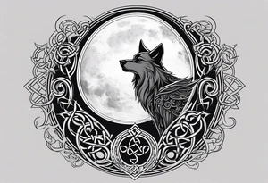 A tattoo with the celtic symbol triskelion, a wolf and a raven set on the backdrops of a dark night moon, cloud and small ravens flying around tattoo idea