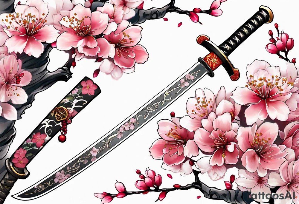 Katana with cherry blossoms and shadow kanji tattoo idea