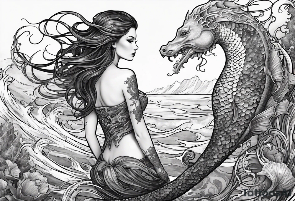 mermaid holding trident side profile, looking at seahorse and shipwreck octopus tentacles tattoo idea