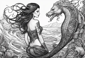 mermaid holding trident side profile, looking at seahorse and shipwreck octopus tentacles tattoo idea
