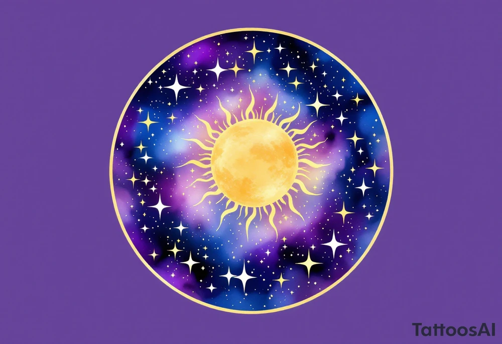 A circular design featuring the Sagittarius figure in the center, surrounded by a sun in golden yellow and star clusters in soft white. The background has a gradient of purple to dark blue, symbolizing Sagittarius' connection to both the sun and stars, representing enlightenment and wisdom. tattoo idea