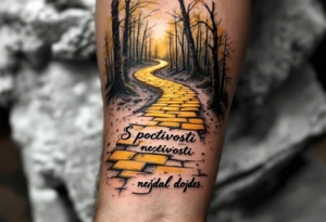 "S poctivosti nejdal dojdes." — A path made of golden bricks winding through a forest, with the phrase etched in elegant black script beneath. tattoo idea