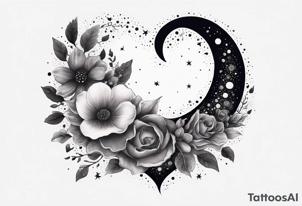 Crescent moon with a heart inside, shrouded by beautiful flowers with wisps of mist tattoo idea
