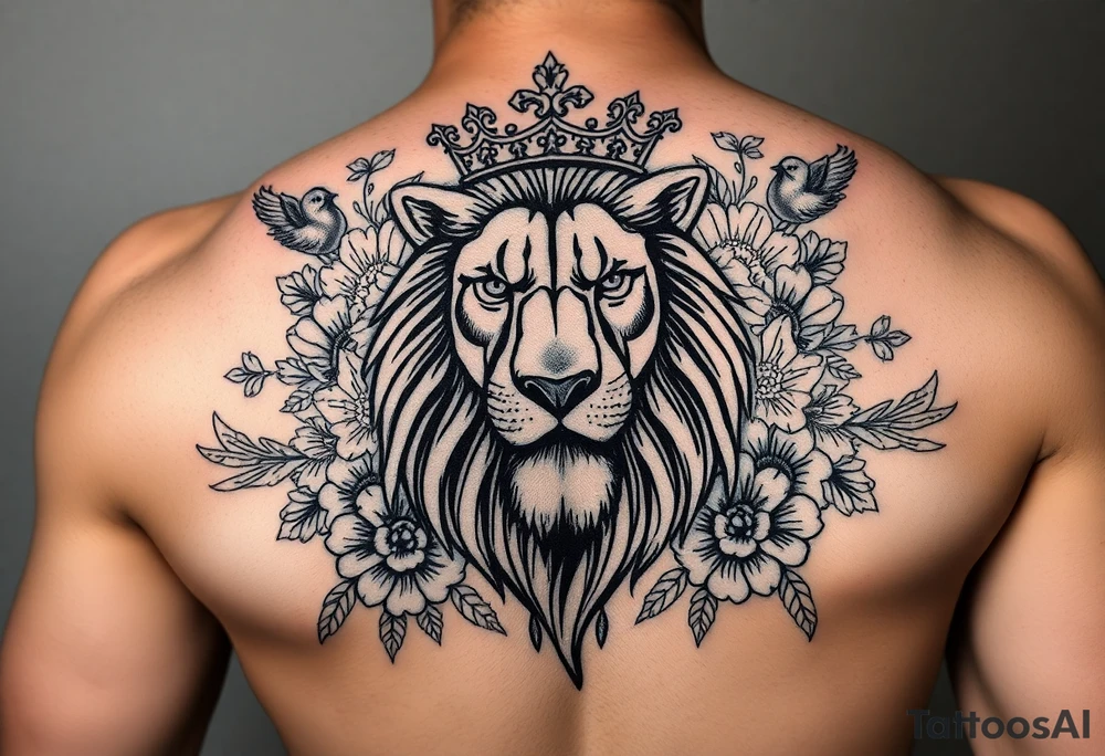 powerful majestic lion with a crown, surrounded by floral ornaments and birds tattoo idea