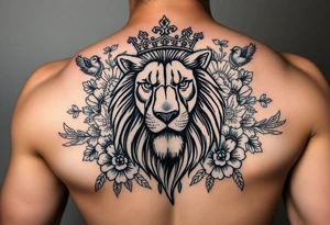powerful majestic lion with a crown, surrounded by floral ornaments and birds tattoo idea