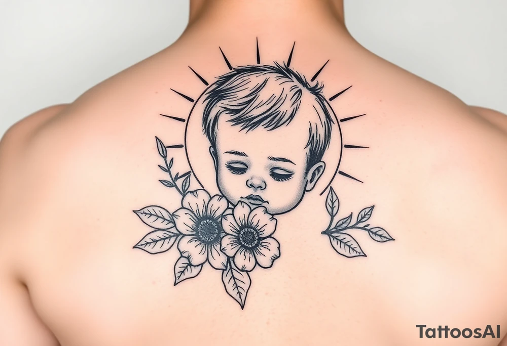 Baby boy flower ornemental with sunshine background tattoo idea