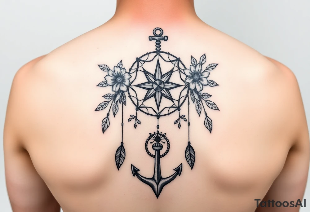 Boho dream catcher with compass and anchor Beautiful flowers and an ornamental chandelier like look tattoo idea