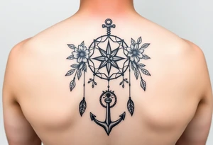Boho dream catcher with compass and anchor Beautiful flowers and an ornamental chandelier like look tattoo idea