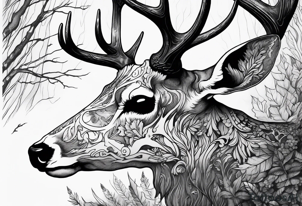 scary side view of a DECAYING deer skull JUST BONE surrounded by a forest fire in background tattoo idea