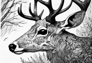 scary side view of a DECAYING deer skull JUST BONE surrounded by a forest fire in background tattoo idea