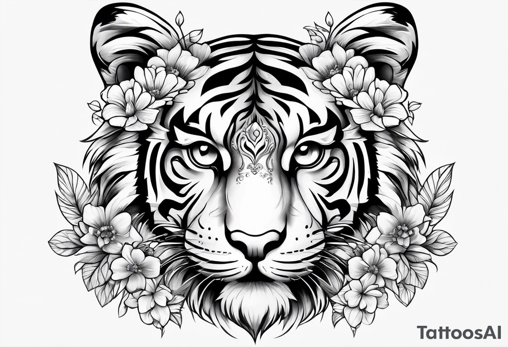 cute tiger with flowers tattoo idea