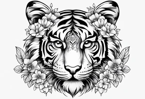 cute tiger with flowers tattoo idea