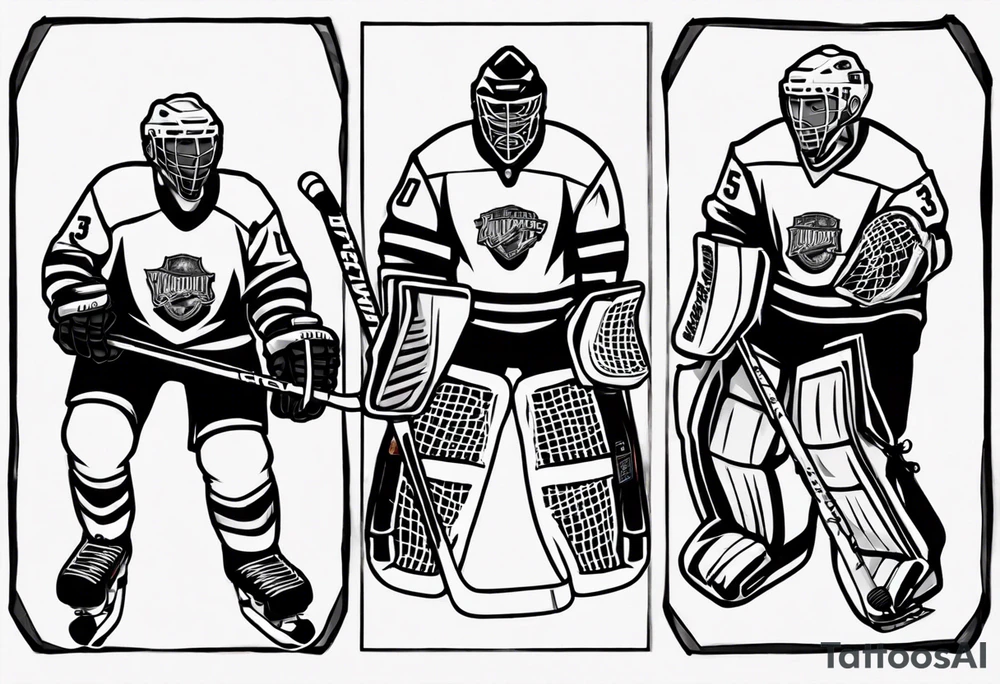 Hockey net with 3 jerseys hanging in the net tattoo idea