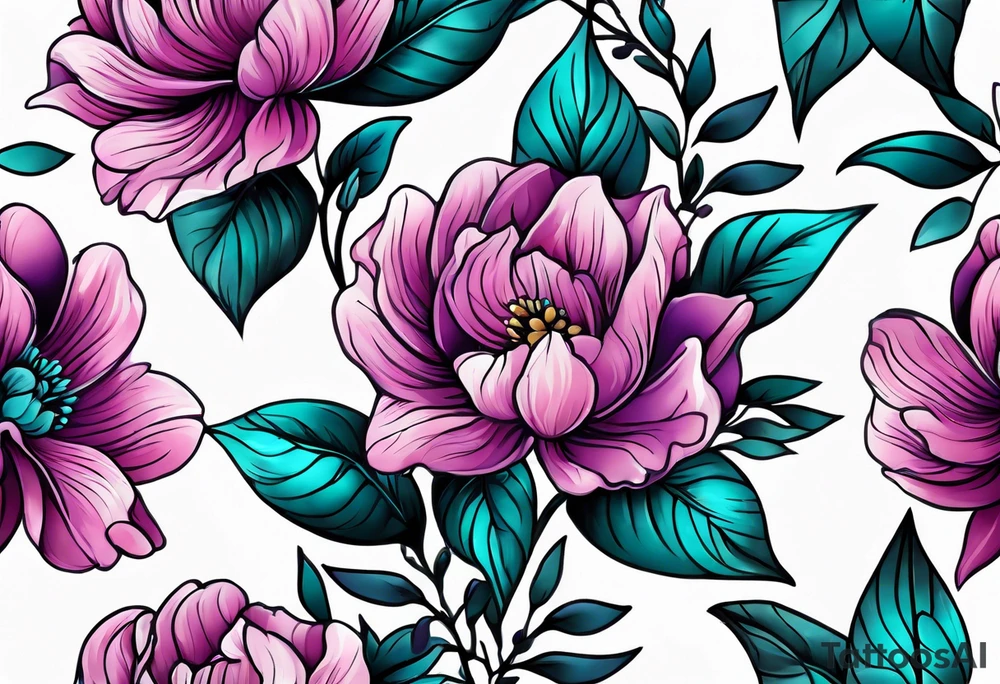 Pink purple flowers with teal leaves tattoo idea