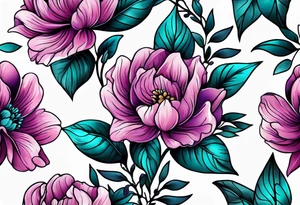 Pink purple flowers with teal leaves tattoo idea