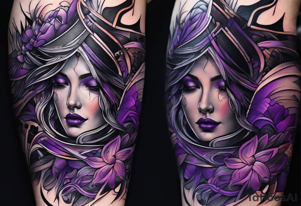 lines around wrist, abstract, black and purple, covered from wrist to forearm, fully covered, no borders, blackwork, no faces tattoo idea