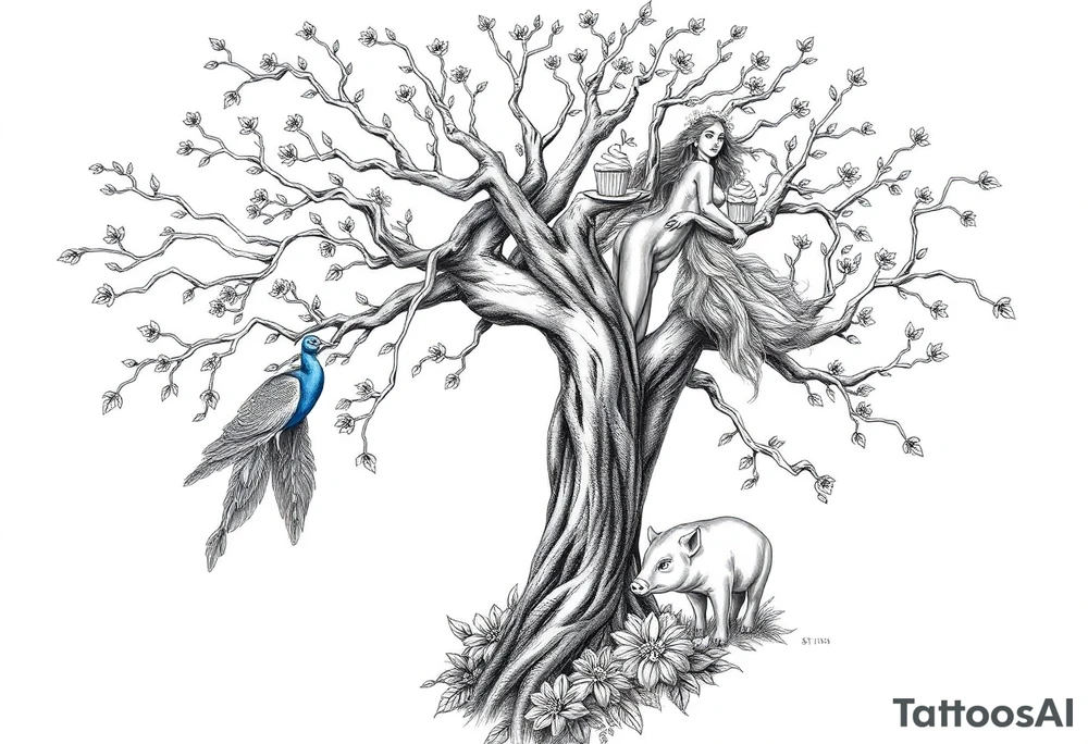 mystical tree  with cosmic  branches fat naked sexy woman , peacock , pig , cupcakes, sins,  Storm clouds, pig, peacock , fat sexy naked fat woman, cake, clouds, noose , money, goat lion, man sex toys pussy dicks, cigerette storm lightening, killing, darkness death, violent majestic creatures and penis and vagina tattoo idea