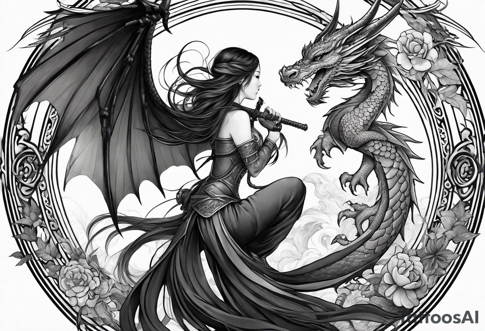 beautiful warrior nymph with dragon wings and a dragon friend tattoo idea