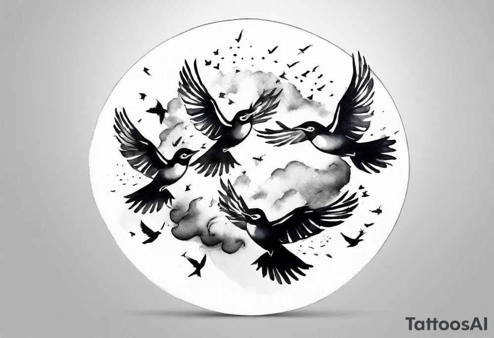 shoulder tattoo with light rays with birds flying free among the clouds, round shape, 3d effect tattoo idea