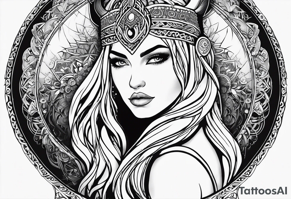 Viking, feminine warrior, mandala, bedroom eyes, headshot, closeup, full design, princess, round emblem, moon tattoo idea